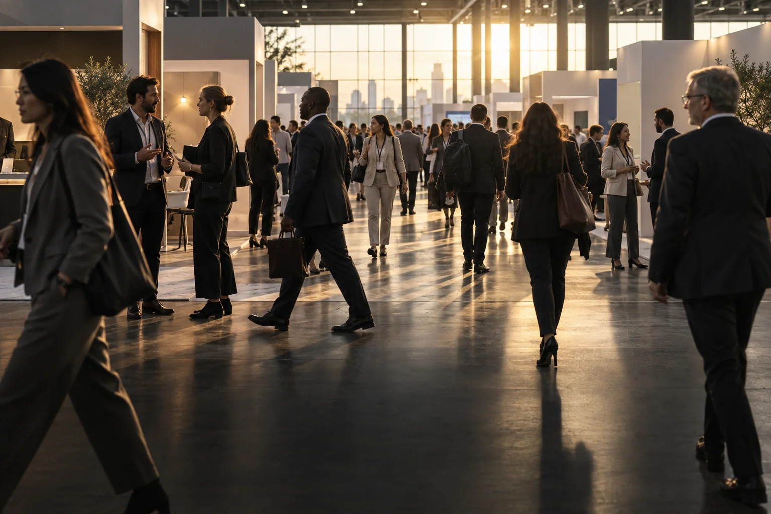 Illustrative business gathering with people crossing paths in a warmly lit hall