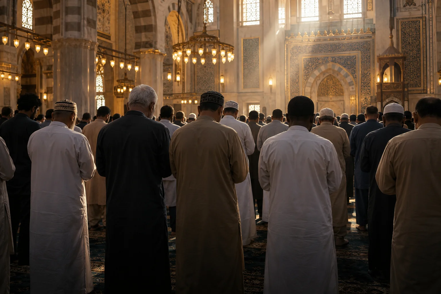 Illustrative scene of adults standing respectfully in prayer inside a mosque